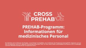 roter Hintergrund mit weißem Logo "Cross Prehab", darunter in weißer Schrift der Text PREHAB-Programm: Informationen für medizinisches Personal