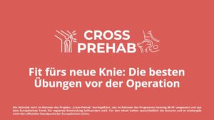 roter Hintergrund mit weißem Logo "Cross Prehab", darunter in weißer Schrift der Text Fit fürs neue Knie: Die besten Übungen vor der Operation