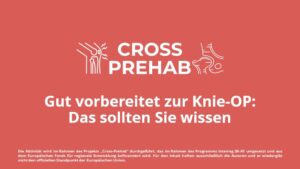 roter Hintergrund mit weißem Logo "Cross Prehab", darunter in weißer Schrift der Text Gut vorbereitet zur Knie-OP: Das sollten Sie wissen