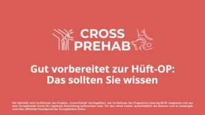 roter Hintergrund mit weißem Logo "Cross Prehab", darunter in weißer Schrift der Text Gut vorbereitet zur Hüft-OP: Das sollten Sie wissen